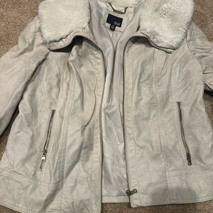 a.n.a Cream Leather Jacket with Faux Fur Collar